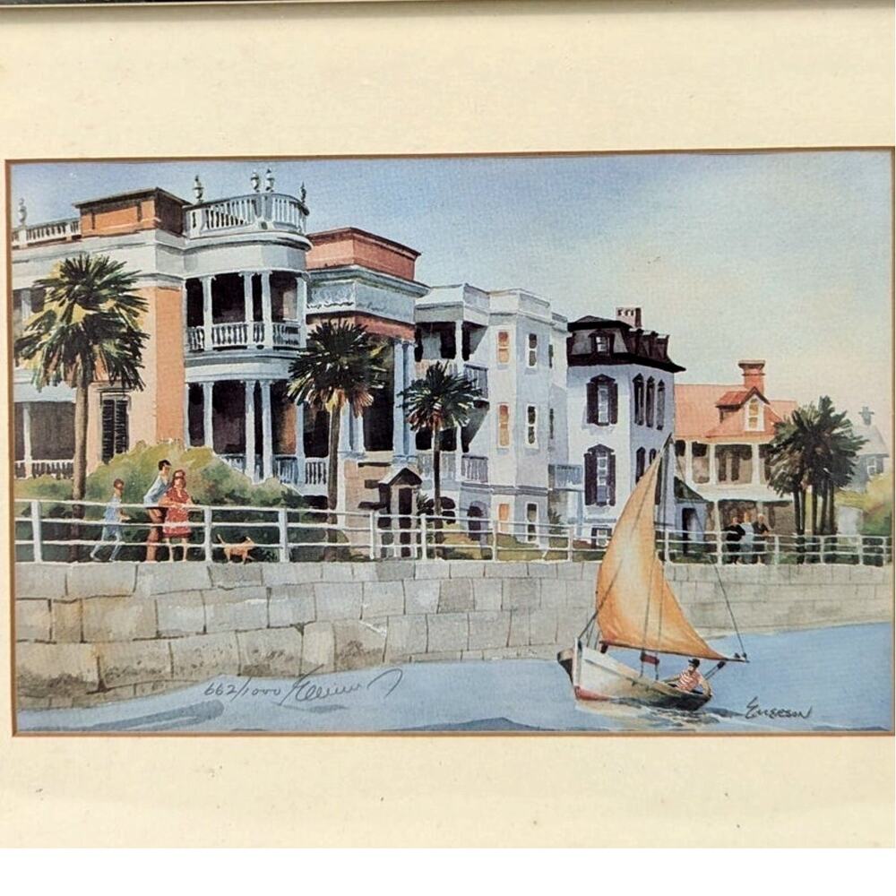 Vintage Emerson Charleston SC Waterfront Print Framed 663/1000 Signed Art